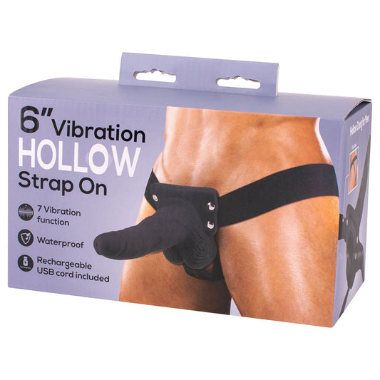 6'' Vibration Hollow Strap-On - Black USB Rechargeale Hollow Strap-On