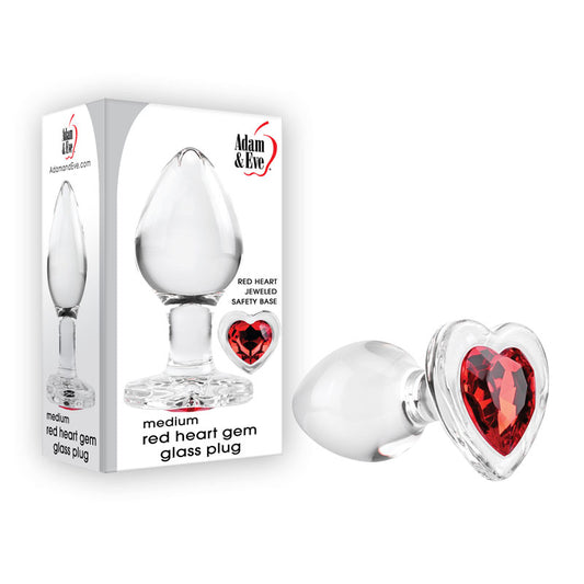 Adam & Eve RED HEART GEM GLASS PLUG MEDIUM - Clear Glass 8.1 cm Butt Plug with Red Heart Gem Base