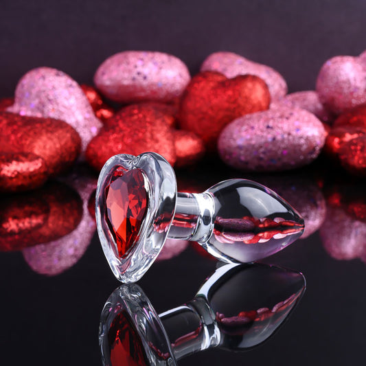 Adam & Eve RED HEART GEM GLASS PLUG SMALL - Clear Glass 7.4 cm Butt Plug with Red Heart Gem Base
