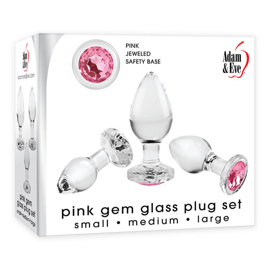 Adam & Eve PINK GEM GLASS PLUG SET - Clear Glass Butt Plugs - Set of 3 Sizes