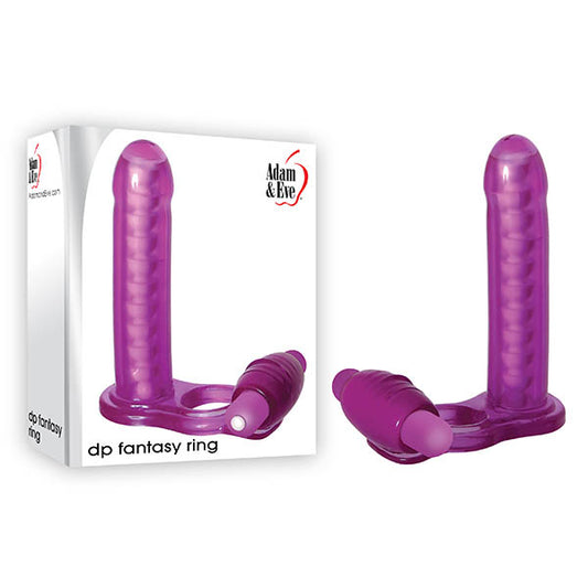 Adam & Eve DP Fantasy Ring - Purple Vibrating Cock Ring with Double Penetrator Dong
