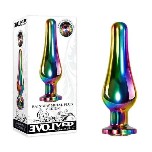 Evolved Rainbow Metal Plug - Medium - Coloured 11.1 cm Medium Butt Plug with Gem Base