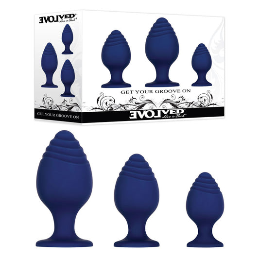 Evolved GET YOUR GROOVE ON - Blue Butt Plugs - Set of 3 Sizes