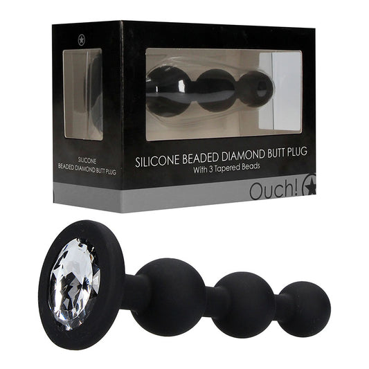 OUCH! Silicone Beaded Diamond Butt Plug - Black 11.4 cm Butt Plug with Gem Base
