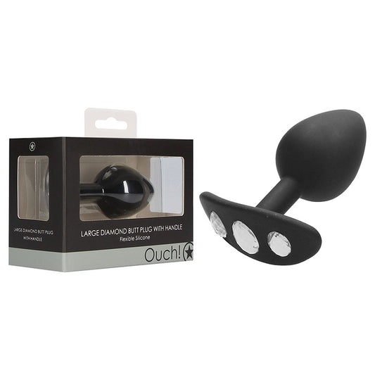 OUCH! Large Diamond Butt Plug With Handle - Black 8.6 cm Butt Plug with Gem Base