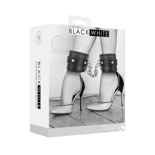 OUCH! Black & White Plush Bonded Leather Ankle Cuffs - Black Restraints