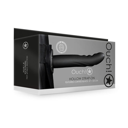 OUCH! Textured Curved Hollow Strap-on - 8in/20cm - Black 20 cm Hollow Strap-On