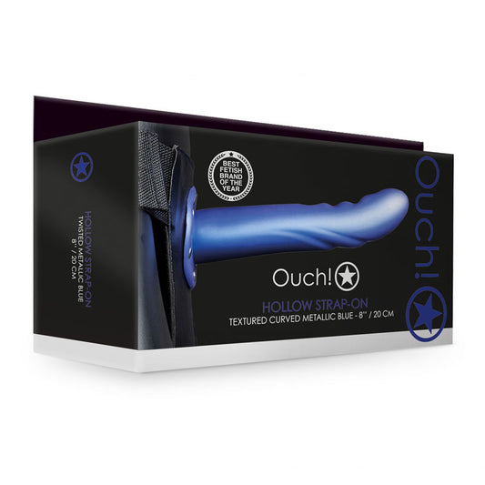 OUCH! Textured Curved Hollow Strap-on - 8in/20cm - Metallic Blue 20 cm Hollow Strap-On