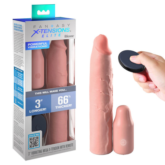 Fantasy X-Tensions Elite Vibrating Mega X-tension with Remote - Flesh - Flesh 7.6 cm USB Rechargeable Vibrating Penis Extender Sleeve