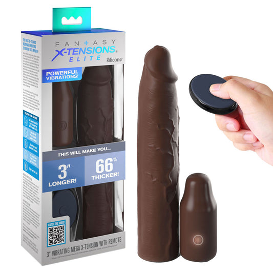 Fantasy X-Tensions Elite Vibrating Mega X-tension with Remote - Brown - Brown 7.6 cm USB Rechargeable Vibrating Penis Extender Sleeve