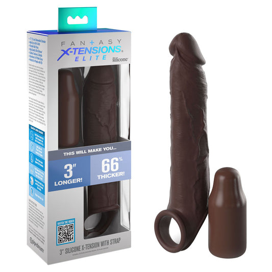 Fantasy X-Tensions Elite 3'' Extension with Strap - Brown - Brown 7.66 cm Penis Extender Sleeve