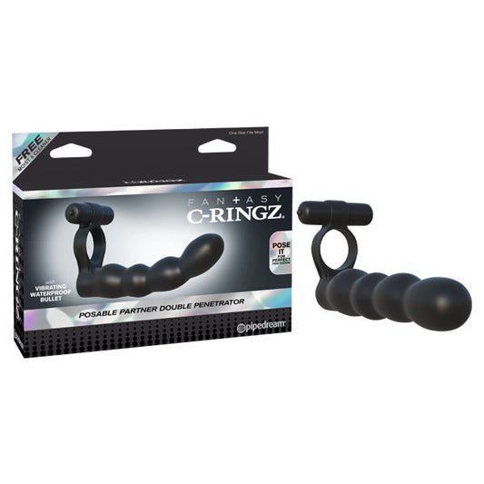 Fantasy C-ringz Posable Partner Double Penetrator - Black Vibrating Cock Ring with Anal Penetrator