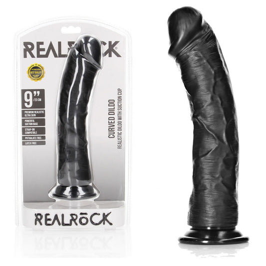 REALROCK Realistic Regular Curved Dildo with Suction Cup - 23 cm - Black 23 cm (9'') Dong