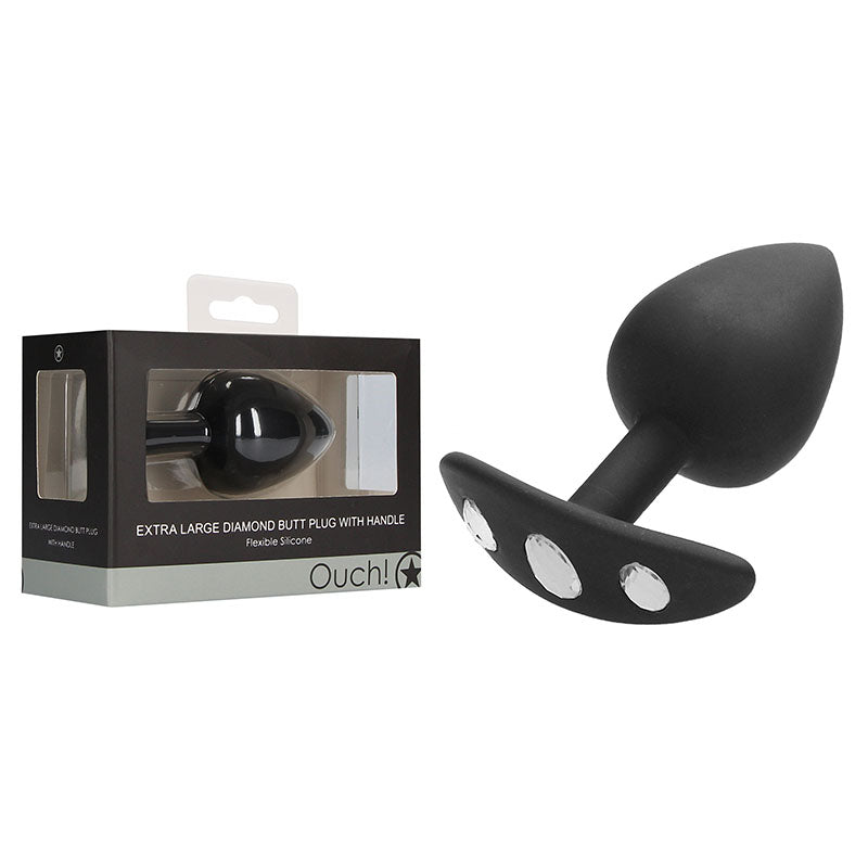 OUCH! Extra Large Diamond Butt Plug With Handle - Black 9.8 cm Butt Plug with Gem Base