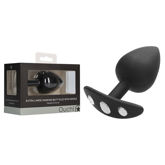 OUCH! Extra Large Diamond Butt Plug With Handle - Black 9.8 cm Butt Plug with Gem Base