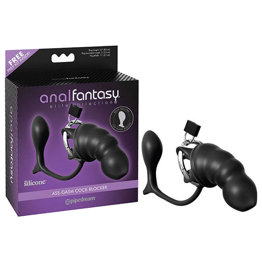 Anal Fantasy Elite Ass-gasm Cock Blocker - Black Penis Cage with Anal Plug